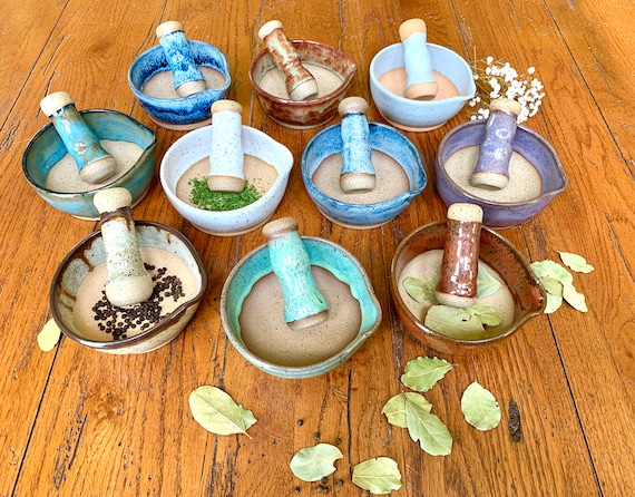 Handmade Stoneware Mortar and Pestle set: Herb Spice Grinder, Kitchen cooking Decor multiple colors