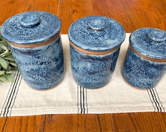 Pottery canister set of 3/ handmade stoneware lidded jars/ kitchen dining decor/ flour/ sugar jar/ Stormy Blue pottery CCStoneware
