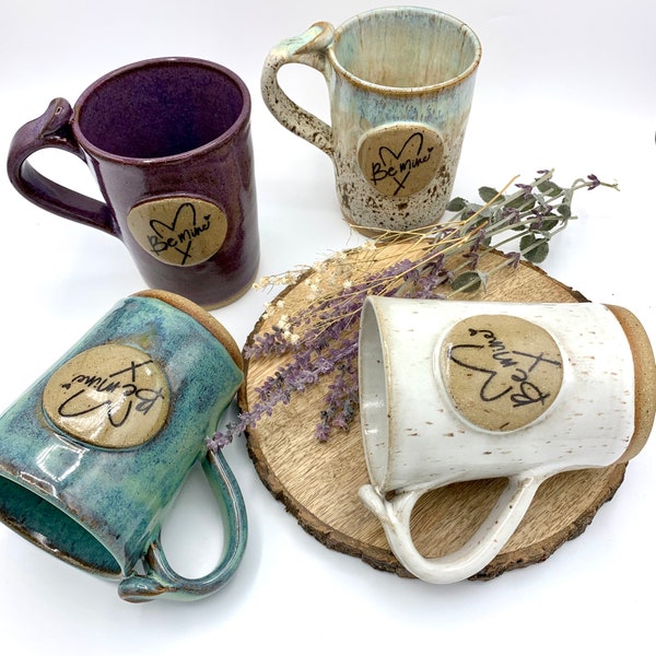 Handmade mugs/ be mine coffee cups/ 12oz mug/ white purple turquoise sea stone pottery/ limited edition