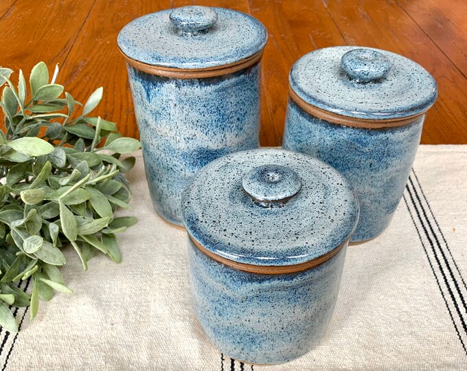 Pottery Canister Set of 3/ Handmade Stoneware Lidded Jars/ Kitchen