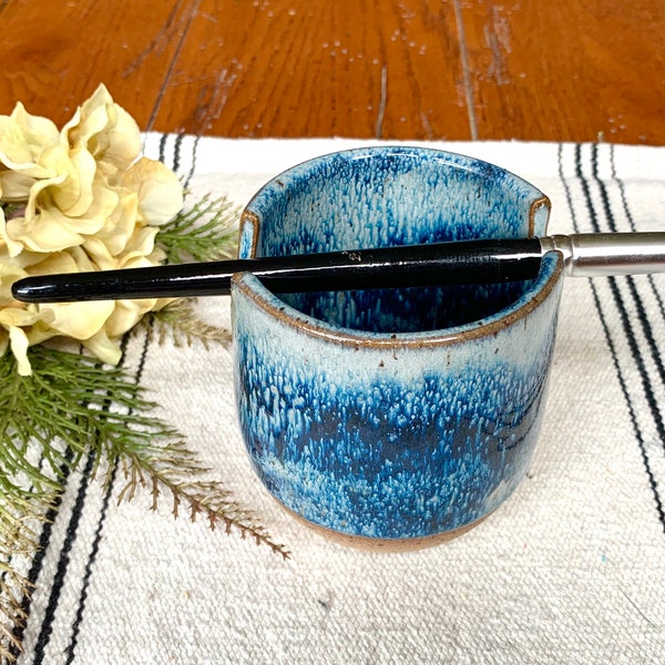 Paint brush holder/ watercolor art supplies/ handmade pottery brush cup/ stormy blue/ CCStoneware