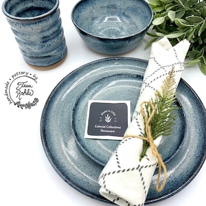 MADE TO ORDER/ Handmade 16 piece dinnerware set for 4/ pottery tableware/ Frost Blue stoneware pottery/ CCStoneware/ plates/bowls/tumblers