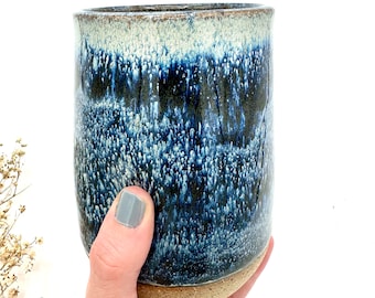 Thumbprint tumblers/ handmade pottery indent cups/ thumb mugs/ Stormy Blue stoneware/ CCStoneware/ Tessa Rohde pottery/ impression cups