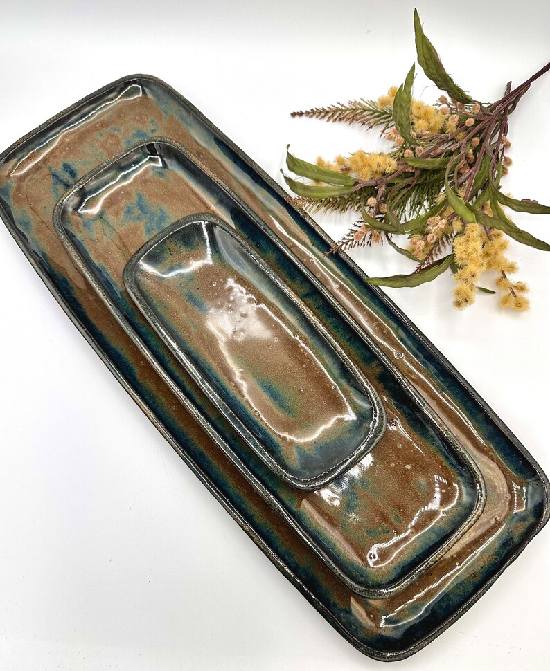 Handmade stoneware trays/ set of 3/ pottery serving platters/ River Rock/ appetizer trays/ kitchen decor/ CCStoneware image 1