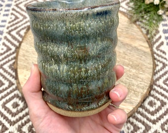 Drinking tumblers/ speckled stoneware cups/ ceramic cup/ handmade pottery/ CCStoneware/ rustic pottery/ green smoke pottery/ vintage style