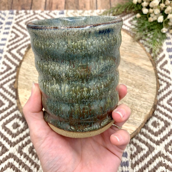 Drinking tumblers/ speckled stoneware cups/ ceramic cup/ handmade pottery/ CCStoneware/ rustic pottery/ green smoke pottery/ vintage style
