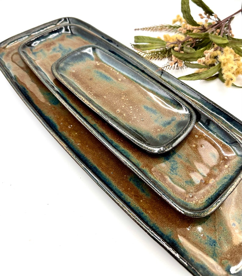 Handmade stoneware trays/ set of 3/ pottery serving platters/ River Rock/ appetizer trays/ kitchen decor/ CCStoneware image 4