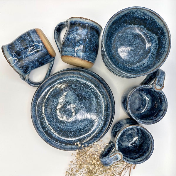 MADE TO ORDER/ Handmade 12 piece breakfast set for 4/ pottery tableware/ Stormy Blue stoneware pottery/ CCStoneware/ plates/bowls/coffee mug