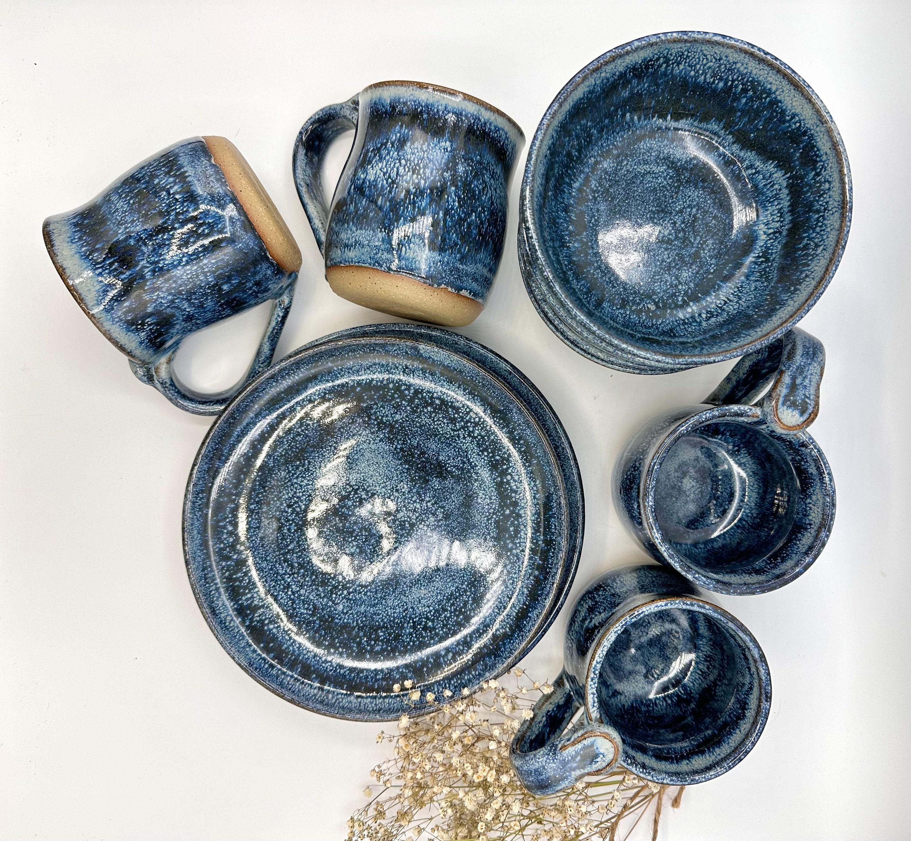 MADE TO ORDER/ Handmade 12 piece breakfast set for 4/ pottery tableware/ Stormy Blue stoneware pottery/ CCStoneware/ plates/bowls/coffee mug