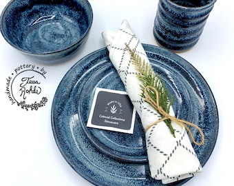MADE TO ORDER/ Handmade 16 piece dinnerware set for 4/ pottery tableware/ Stormy Blue stoneware pottery/ CCStoneware/ plates/bowls/tumblers