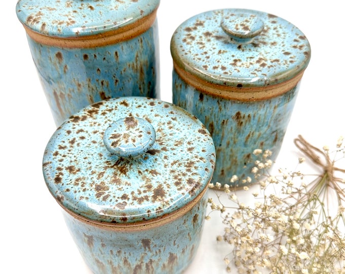 Pottery Canister Set of 3/ Handmade Stoneware Lidded Jars/ Kitchen