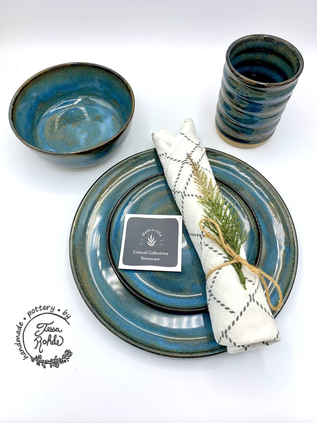 MADE TO ORDER Handmade Weathered Blue Stoneware Dinnerware Set for 4: ...