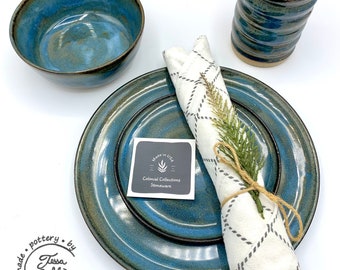Conjunto de louça de grés azul envelhecido feito à mão para 4 pessoas: 16 peças