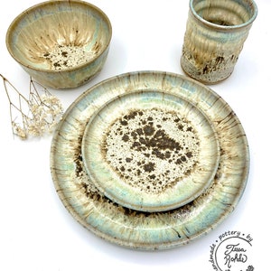 MADE TO ORDER/ Handmade 16 piece dinnerware set for 4/ pottery tableware/ Sea Stone stoneware pottery/ CCStoneware/ plates/bowls/tumblers