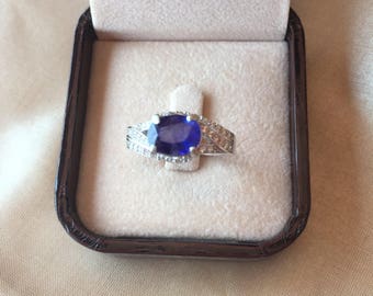 Blue Sapphire with AAA Cubic zirconia 925 Silver Ring Lovely Gift