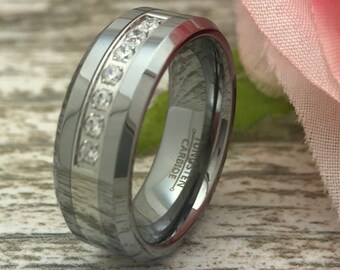 8mm Tungsten Ring, Tungsten Wedding Ring, Personalize Engraved Tungsten Ring with Cz, Anniversary Ring, Gift for Him