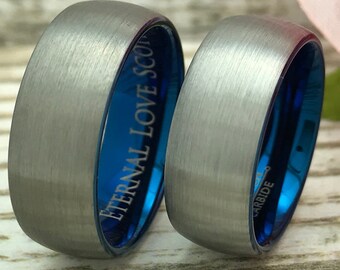 8mm His and Hers Ring, Personalized Engraved Blue IP Plated Tungsten Rings, Anniversary Rings, Gift for Her, Gift for Him