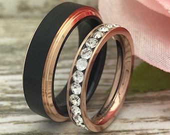 Anillo de titanio y tungsteno de 6MM/3MM para él y para ella, anillos de titanio grabados personalizados, anillos de aniversario Eternity CZ, conjuntos de anillos para parejas