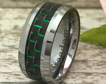 8mm  Green Carbon Fiber Tungsten Ring, Personalized Tungsten Ring with Green Carbon Fiber Inlay, Anniversary Rings, Gift for Him, SHJTCR