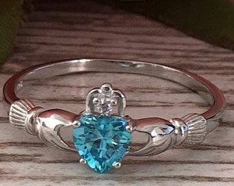 Blue Zircon Claddagh Ring, Womens Sterling Silver Ring, Blue Zircon Cz Claddagh Engagement Ring, Bridal Ring, Irish Claddagh Ring for women