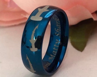 8mm Hammerhead Shark Ring, Blue Plated Tungsten Wedding Ring, Personalized Tungsten Ring, Anniversary Rings, Gift for Her or Him TCR156-BL