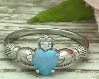 Claddagh Ring, Womens Sterling Silver Claddagh Ring with Lab Opal, Blue Heart Opal Claddagh Engagement Ring,Bridal Ring,Cubic Zirconia Ring
