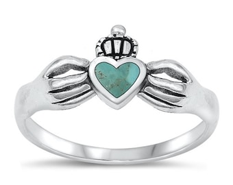 Turquoise Claddagh Ring, Womens Sterling Silver Ring, Turquoise Claddagh Engagement Ring, Bridal Ring, Irish Claddagh Ring for women