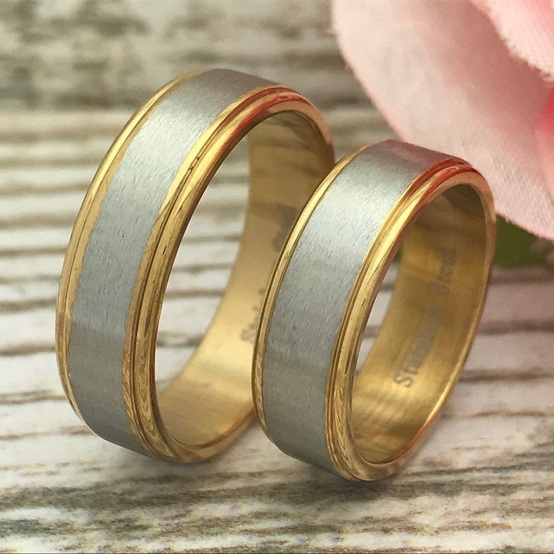 Personalized Stainless Steel Wedding Rings Couples Matching Ring Sets 6mm Two Tone Wedding Bands Anniversary Rings
