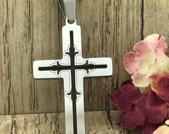 Cross Necklace, Personalized Stainless Steel Cross Pendant, Engraved Cross Pendant Necklace, Religious Jewelry, Father's day Gift SSN507