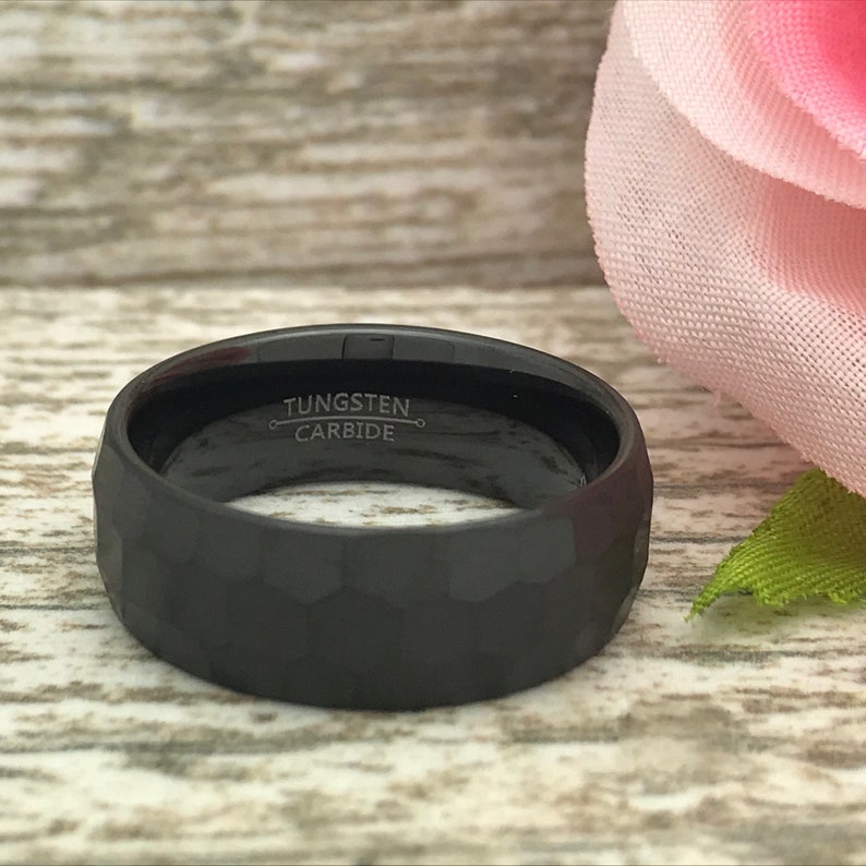 Anniversary Rings SHJTCR582 Comfort Fit Hammered Brushed Finish Wedding Ring 8mm Black Tungsten Ring Personalized Tungsten Rings