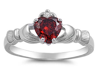 Garnet Claddagh Ring, Womens Sterling Silver Ring, Garnet Cz Claddagh Engagement ring, Bridal Ring, Cubic Zirconia Ring, Irish Claddagh RING