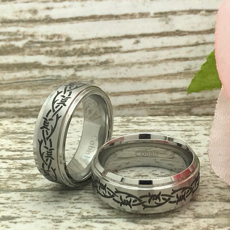9mm Cobalt Wedding Rings Anniversary Rings SHJTCO058 Gift for Her Gift for Him Personalize Cobalt Rings with laser Barb Wire Design