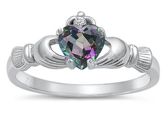 Rainbow Topaz Claddagh Ring Womens Sterling Silver Ring Black Mystic Topaz Cz Claddagh Engagement ring Bridal Ring Cubic Irish Claddagh RING