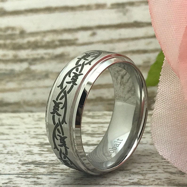 9mm Cobalt Wedding Rings Anniversary Rings SHJTCO058 Gift for Her Gift for Him Personalize Cobalt Rings with laser Barb Wire Design