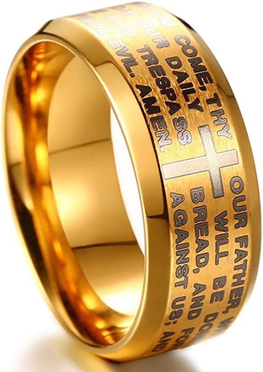 8mm Lord's Prayer Ring Men's Gold Black Silver Stainless Steel With