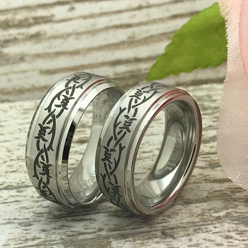 9mm Cobalt Wedding Rings Anniversary Rings SHJTCO058 Gift for Her Gift for Him Personalize Cobalt Rings with laser Barb Wire Design