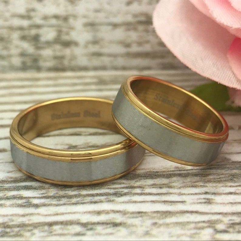Personalized Stainless Steel Wedding Rings Couples Matching Ring Sets 6mm Two Tone Wedding Bands Anniversary Rings