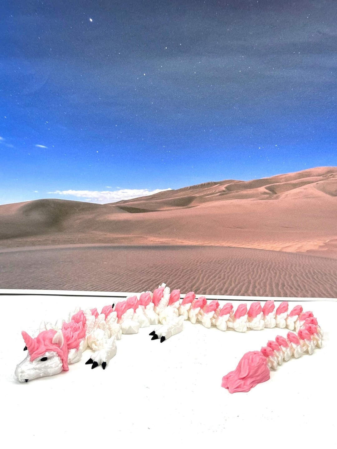 3D Printed Unicorn Dragon, Articulated White & Pink Dragon Unicorn