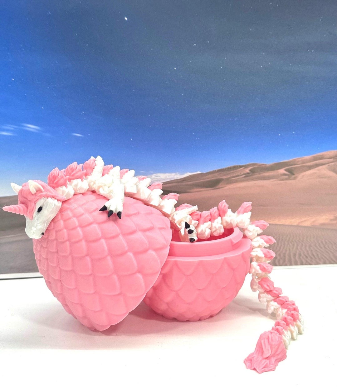 3D Printed Unicorn Dragon With Dragon Egg, Articulated White &