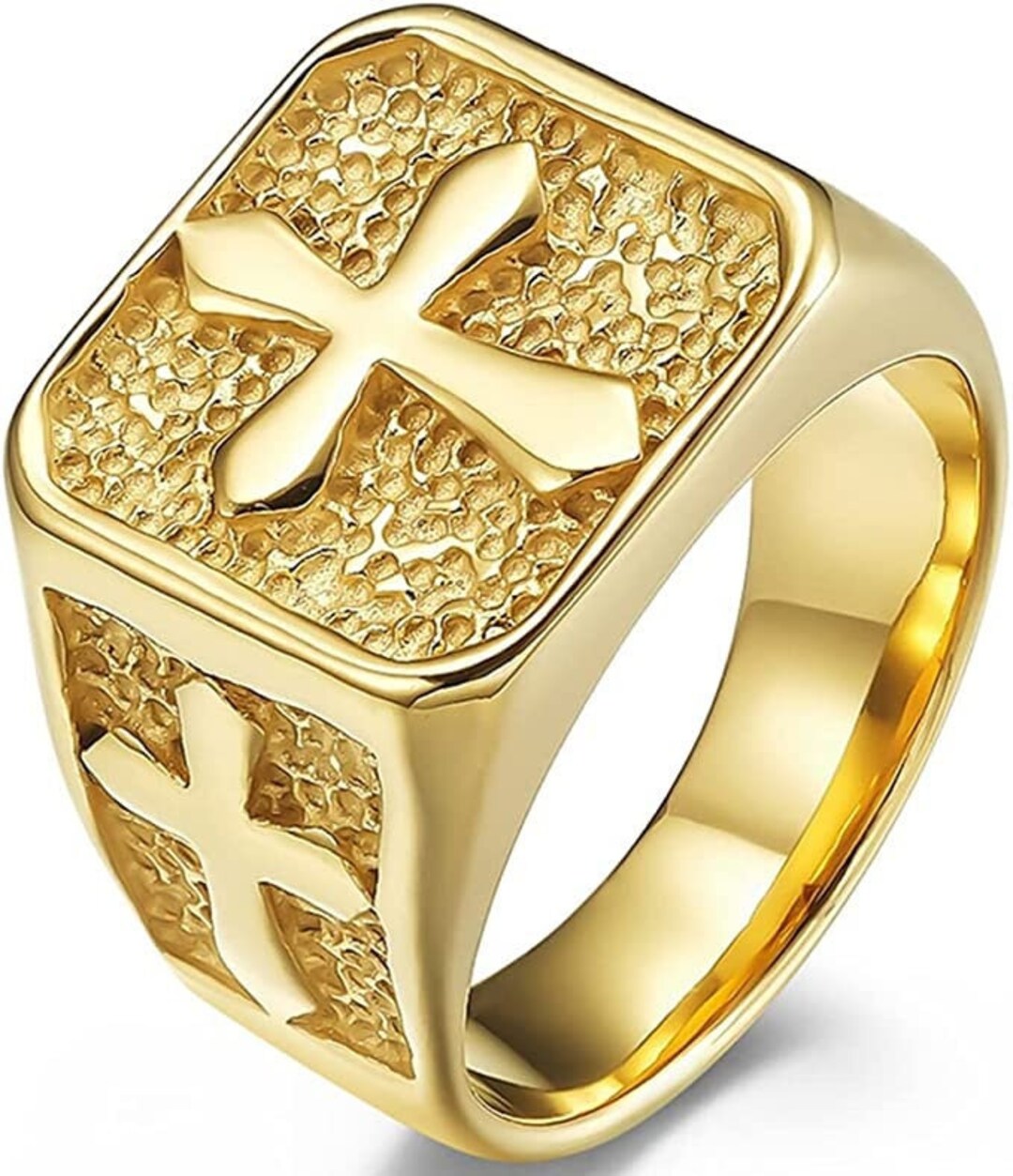 JewelryWe Herren Siegelring – Jesus Christus Portrait Mit Kreuz, Edelstahl, Vergoldet, Personalisierbar