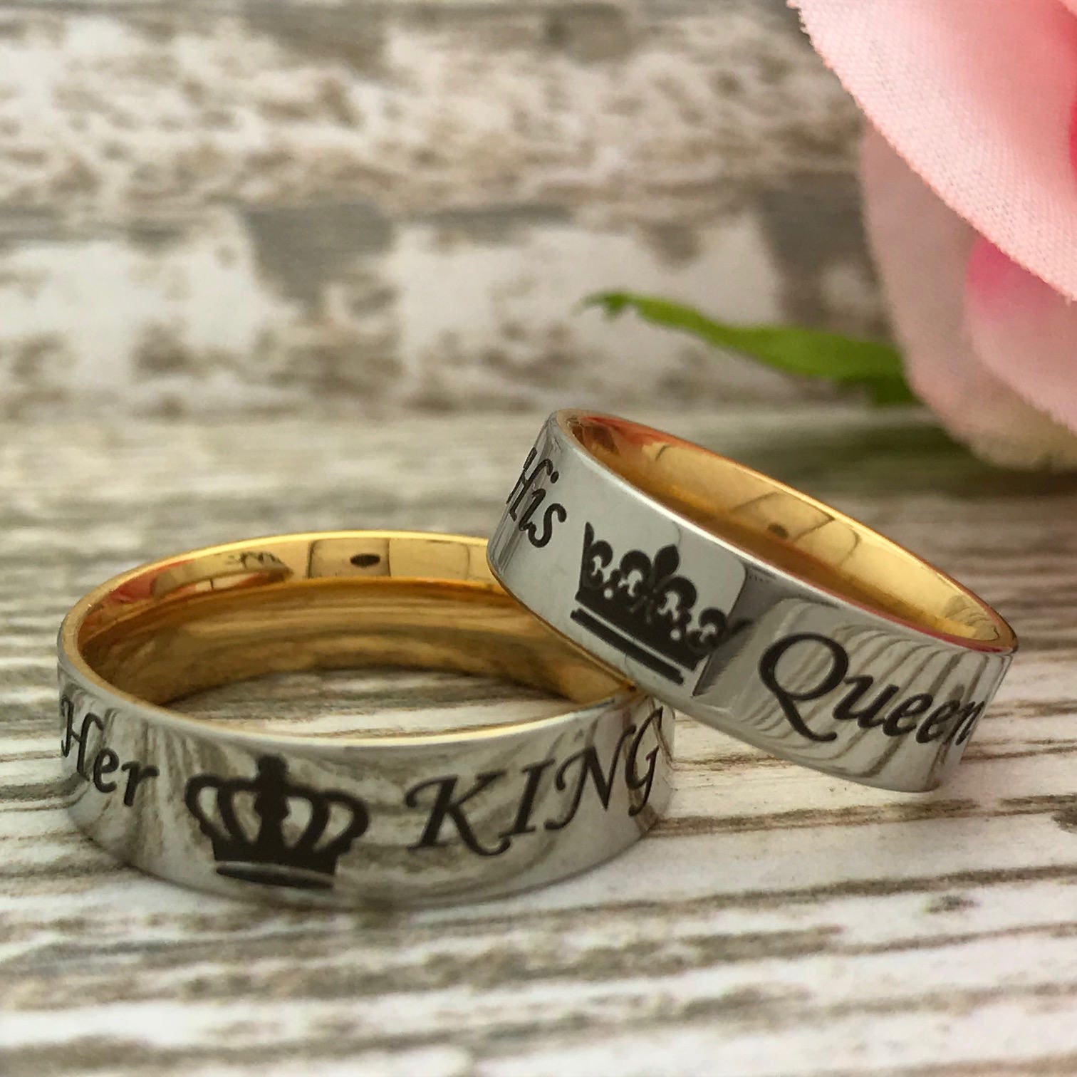 King and Queen Crown Personalize Engrave Silver Letter Print Titanium Steel  Ring Matching Couples Ring Gothic Punk Style | Wish