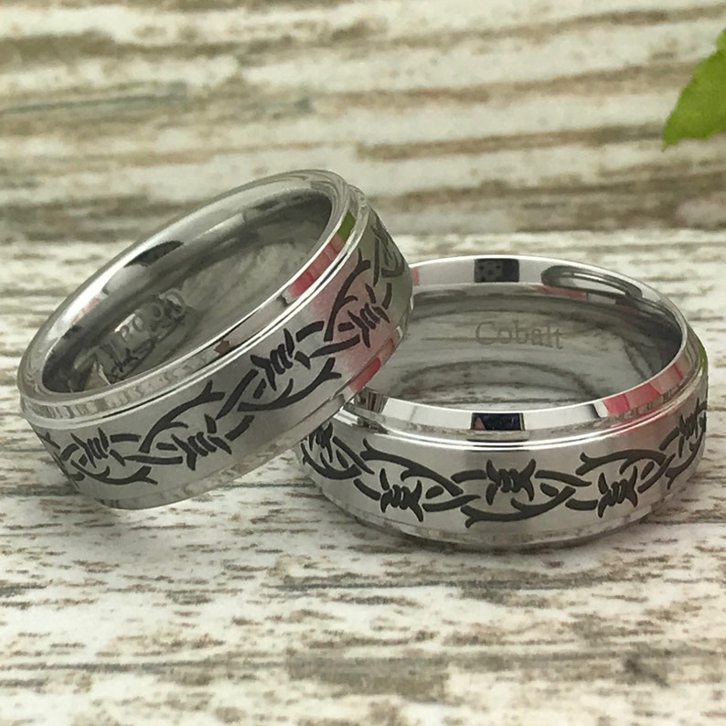 9mm Cobalt Wedding Rings Anniversary Rings SHJTCO058 Gift for Her Gift for Him Personalize Cobalt Rings with laser Barb Wire Design