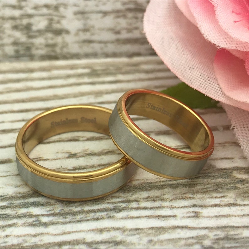 Personalized Stainless Steel Wedding Rings Couples Matching Ring Sets 6mm Two Tone Wedding Bands Anniversary Rings