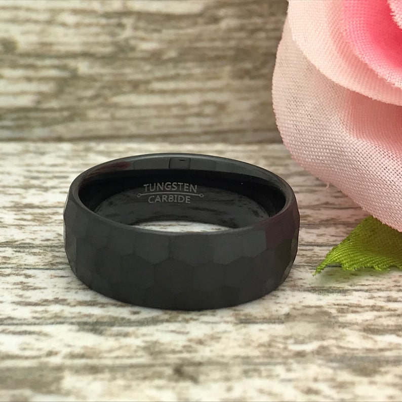 Anniversary Rings SHJTCR582 Comfort Fit Hammered Brushed Finish Wedding Ring 8mm Black Tungsten Ring Personalized Tungsten Rings