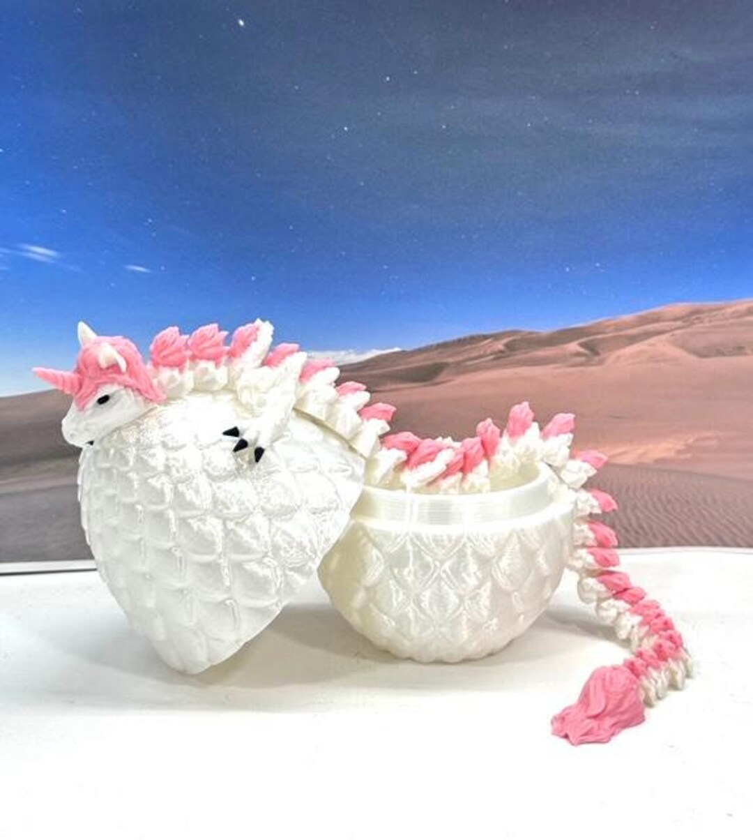 3D Printed Unicorn Dragon With Dragon Egg, Articulated White &