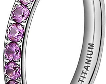3mm Eternity CZ Titanium Ring,  Titanium Eternity Ring with Simulated Rose Pink cz,,Promise Ring, Purity Ring, Skinny Ring FREE ENGRAVING