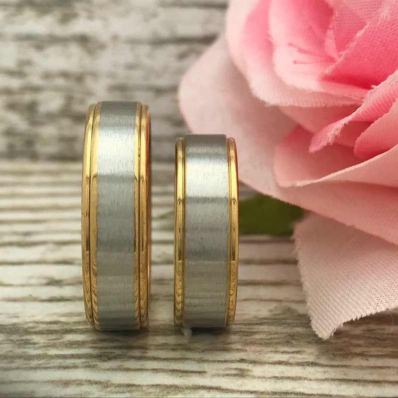 Personalized Stainless Steel Wedding Rings Couples Matching Ring Sets 6mm Two Tone Wedding Bands Anniversary Rings