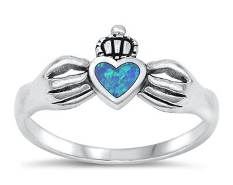 Opal Claddagh Ring, Womens Sterling Silver Ring, Claddagh Engagement Ring with Blue Lab Opal, Bridal Ring, Irish Claddagh Ring for women