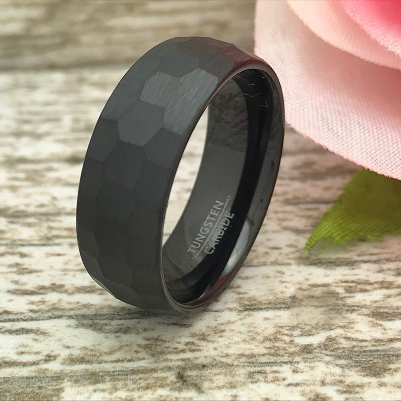 Anniversary Rings SHJTCR582 Comfort Fit Hammered Brushed Finish Wedding Ring 8mm Black Tungsten Ring Personalized Tungsten Rings