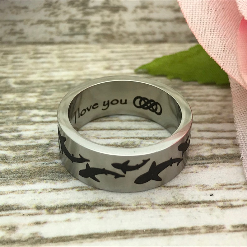 Personalized Wedding Ring gift for Him Name Ring Anniversary Rings Gift for Her 8mm Shark Ring Stainless Steel Ring with Shark Design
